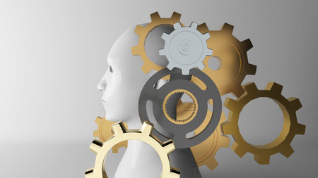 abstract background Man with gold and silver cogwheels, cognitive mechanism concept, 3d renderingの写真素材