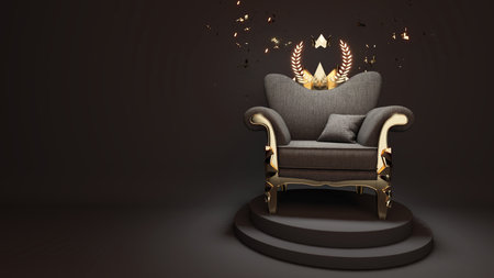 Golden black winner's chair on a dark background celebrating a victory.,3d rendering