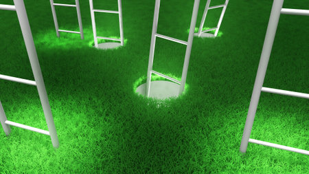 There are numerous staircases and holes in the grass. ,concept of deciding on multiple life paths.,3d renderingの写真素材