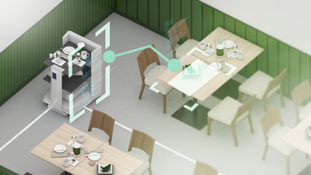 Robotics in the food industry robots delivering food to restaurants,3D renderingの写真素材