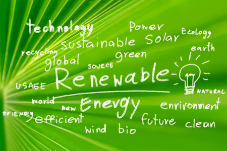 Renewable energy sources include eath power, global wind, and bioclean environment recycling.word on energy efficiencyの写真素材
