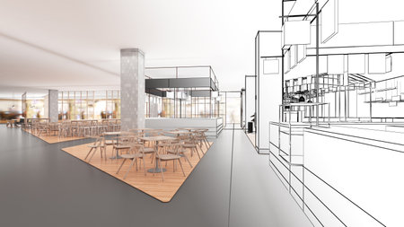 the food court, the ordering counter, and the seating,a combination of line drawings and color.,3d renderingの写真素材