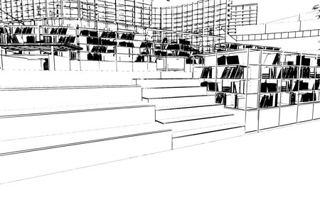 line drawing of a large bookshelf structure in a bookstore,3d renderingのイラスト素材