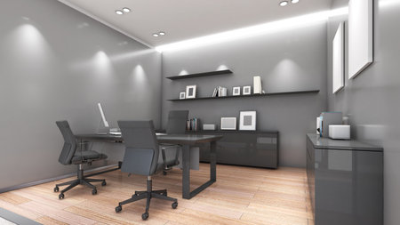 Company executive office Wooden floor, white walls and executive desk.,3d rendering