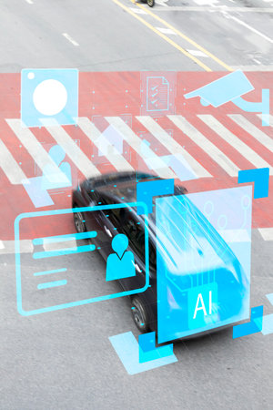 Utilize camera technology to keep tabs on individuals and cars in public areas. ,Verifying the status of persons and vehicles with AIの写真素材