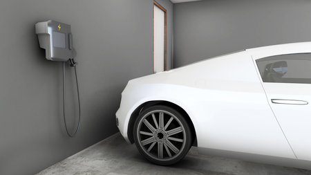 EV charging for home electric cars For the future, using clean energy and plugging in electric car batteries in the home,3d renderingの写真素材