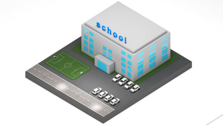 School in isometric view ,The school has a football field and parking.,3D renderingの写真素材