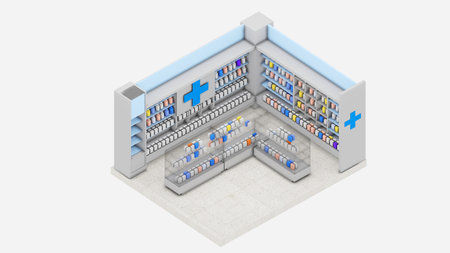 Pharmacy in isometric view ,Pharmacy business, 3D renderingの写真素材