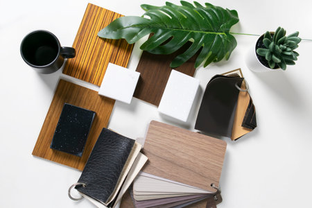 Design, furnishings, and interior designAn illustration of different materials used in interior design. Using labor tools and drawing paper,Pantone, white stone, black leather, and laminated woodの写真素材