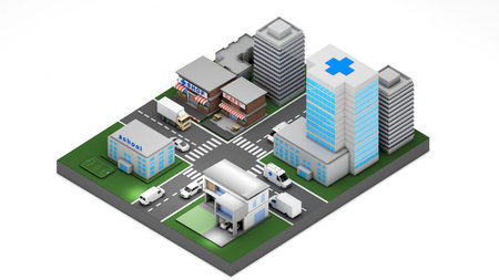 Urban community with shops near schools and hospitals in isometric view. , Traveling in the urban community.,3D renderingの写真素材