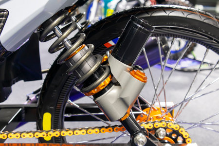 Disc brakes on a motorcycle up close alloy wheels for motorcycles robust steel wheel arches. Tires and wheels for motorcycles in chrome. ABS on motorbikes and disc brakes are safety devices.の写真素材