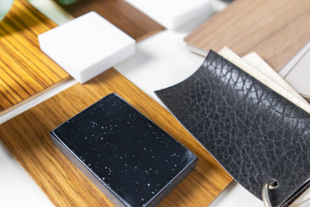 Interior materials include laminated planks, real wood, white stone material on paper, and interior design. The use of ornamental materials and interior design businessesの写真素材