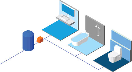 Workings of a home water supply systemWater delivery by systemic water pumping  ,3d renderingのイラスト素材
