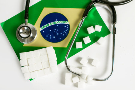 Sugar cube background image with medical stethoscope and healthcare in Brazil.の写真素材