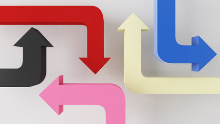 Concept of choice in decision making ,Multi-colored arrows facing different directions. ,3d...