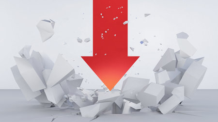 The red arrow shot down through the ground until it shattered.,Stock market crash, world economy recession,3d renderingの写真素材