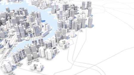 Rendering of high-rise buildings in the city's business district, roads and rivers. ,Office...