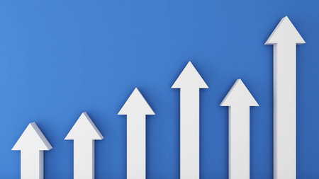 White forward arrow on blue background, working together with forward purpose, goal forward, goal...