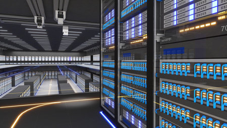 Shot of Data Center With Multiple Rows of Fully Operational Server Racks. Modern...