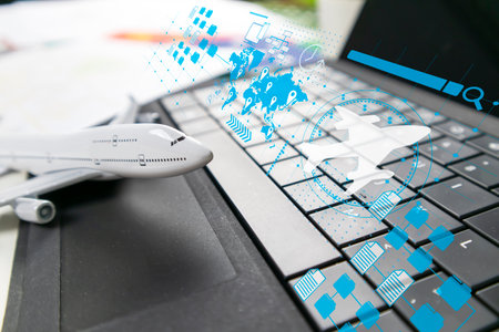 Search for air travel information.,Air ticket booking for travelの写真素材