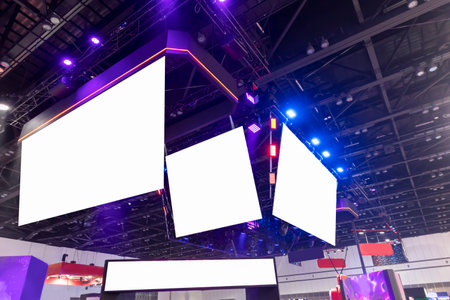 Mock up a large brand sign hanging from the ceiling to display an exhibition. Mock up a large brand sign to convey the brand.の写真素材