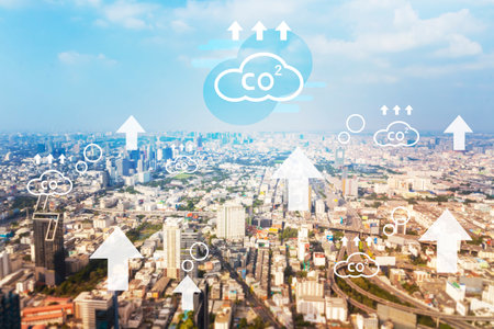 Businesses choose to use clean energy in the city. Solar energy combined with wind and biomass for sustainabilityの写真素材