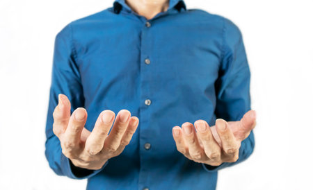 Business storytelling and commentary. , Man standing explaining on white background