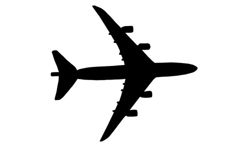 Black silhouette of an airplane on a white background for use in various graphic designs.の写真素材