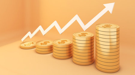 gold coin and white arrow uptrend on white background,US Dollar Coins and Savings,3d renderingの写真素材