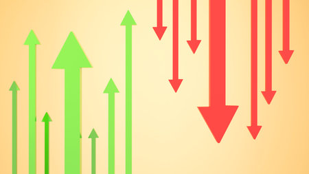 Green arrow pointing up and red arrow pointing down on a light gray background,Business Finance Rising Prices and Assets,3D renderingの写真素材
