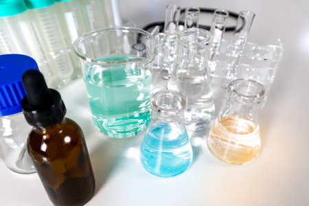 Vials and scientific and medical research, drug and chemical development researchの写真素材