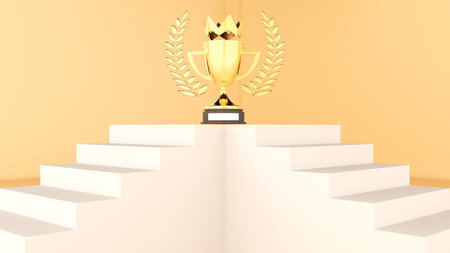 Stairway and Victory Trophy ,Climbing up to receive the winning trophy in the competition ,3d renderingの写真素材