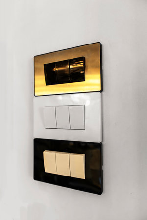 Light switch on and off, gold frame, white frame and black frame, used for interior decoration.