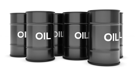 Oil barrels on white background , Oil price affects finance business travel and transportation , Energy cost in business , 3d renderingの写真素材