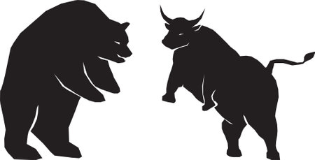 Black silhouette of bull and bear. Investment marketing business finance.のイラスト素材