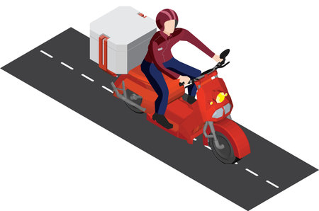 Rider delivers goods according to online orders. Freight forwarding business. High angle view of rider.のイラスト素材