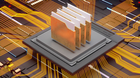 The processor in a computer system manages data in the document sorting system and organizes data in the system., 3d renderingの写真素材
