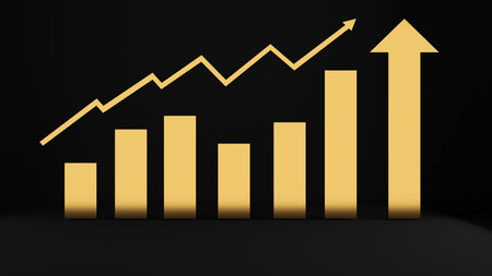income line and arrow increasing,Profitable bars are gold on white background.,3d renderingの写真素材