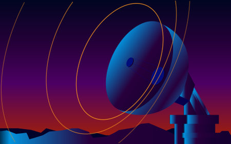 Satellite dish transmits and receives radio frequency signals in a graphic style, sci-fi, cyberpunk, blue and red tones.のイラスト素材