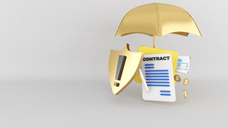 Golden umbrella document warranty agreement on white background. Safety and protection. ,3d...