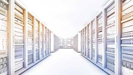 White storage and processing unit, large AI processing server room, data center storage and network processing room, SSD and hard disk drive storage, and processor cooling system,3D renderingの写真素材