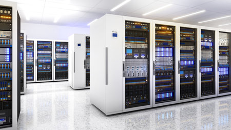 White storage and processing unit, large AI processing server room, data center storage and network...