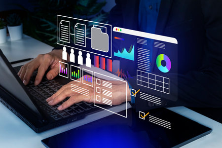 Concept of database management and business information through digital system, statistical...