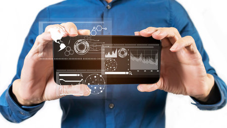 The concept of modern technology close to us, connecting financial and business information via...