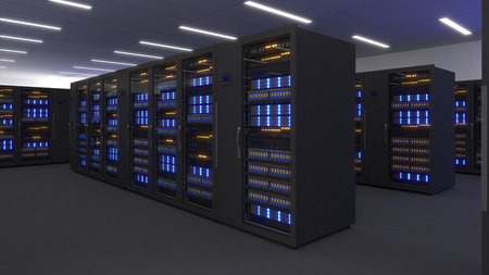 Shot of Data Center With Multiple Rows of Fully Operational Server Racks. Modern...