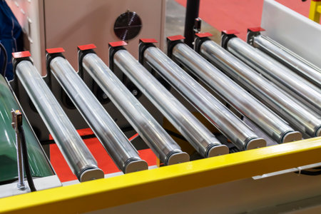 The machinery system for delivering goods in the material warehouse with a sliding mechanism, in a focus view on the sliding equipment.の写真素材