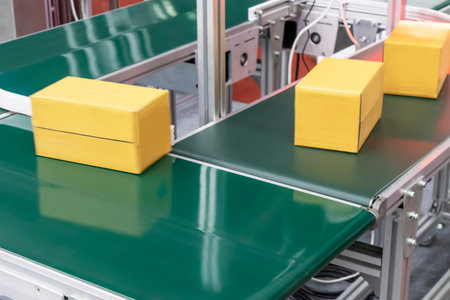 Carton sorting using a mechanical system for delivering goods within the factory with an automatic sliding mechanism. In the perspective of focusing on the sliding equipment and packing boxes.の写真素材