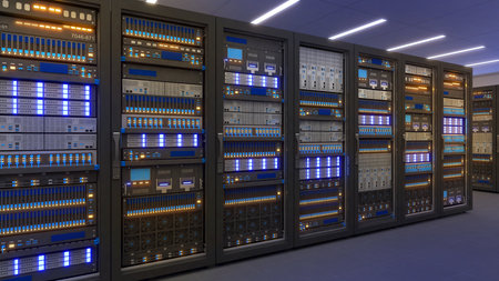 Black storage and processing unit, large AI processing server room, data center storage and network...