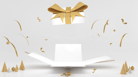 Mockup box opening a white and gold prize box, lucky draw and gifts for the celebration ,3D...