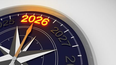 Compass Pointing to 2026, a compass leading to a new year, starting something new, setting goals and...